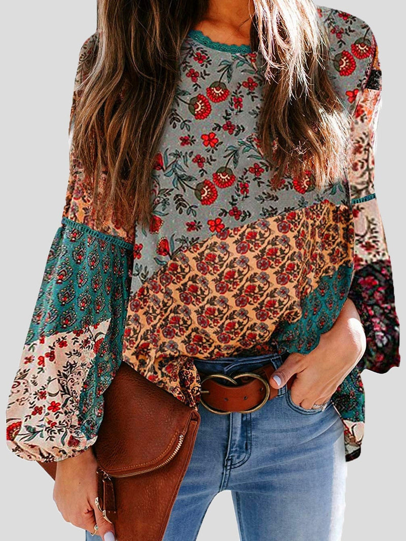 Women's Blouses Bohemian Printed Bubble Long Sleeve Blouse