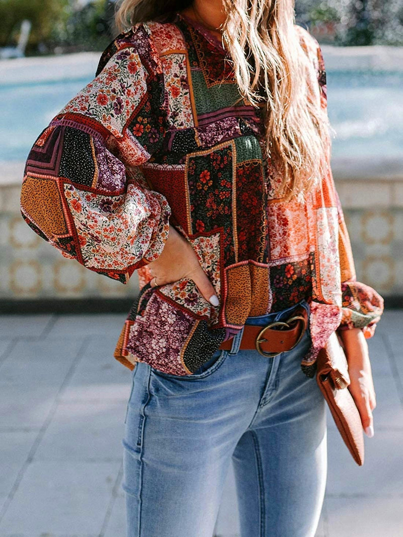 Women's Blouses Bohemian Printed Bubble Long Sleeve Blouse