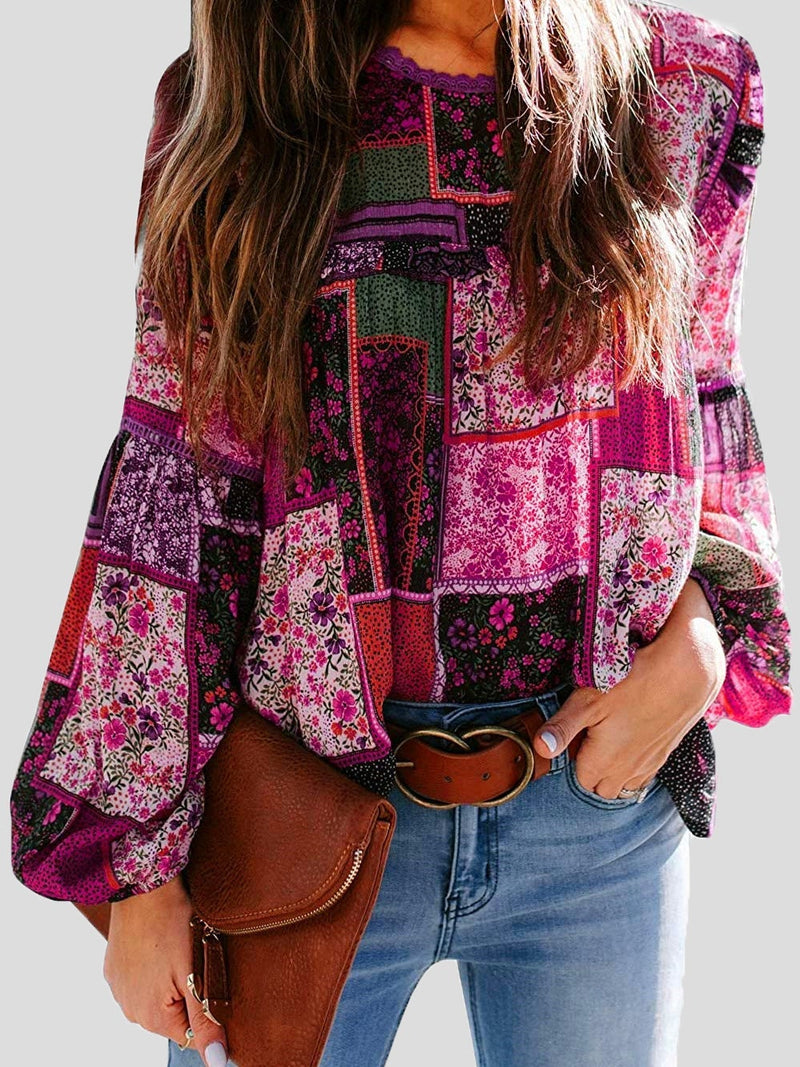 Women's Blouses Bohemian Printed Bubble Long Sleeve Blouse