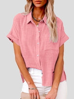 Women's Blouses Casual Solid Lapel Button Short Sleeve Blouse