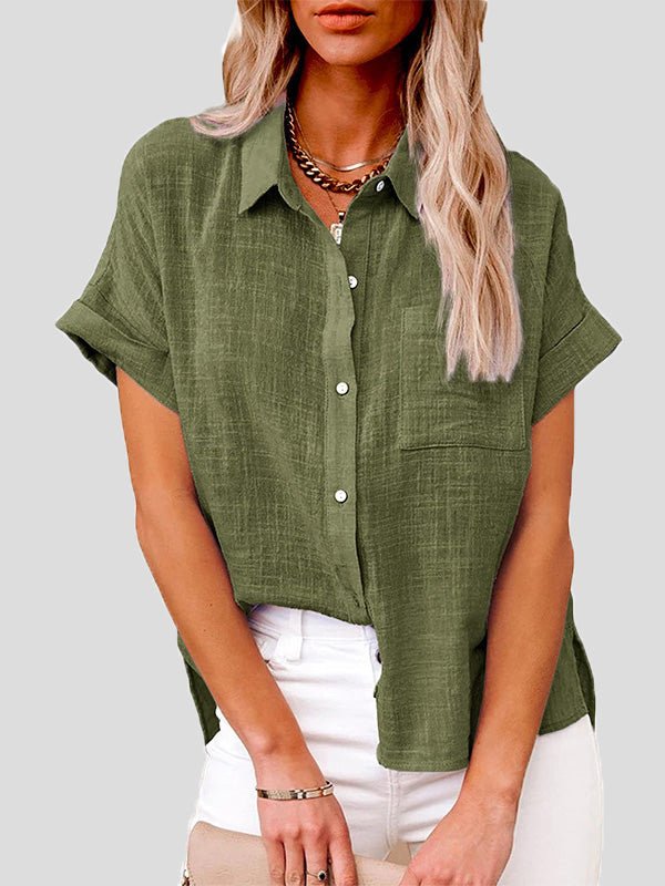 Women's Blouses Casual Solid Lapel Button Short Sleeve Blouse