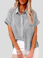 Women's Blouses Casual Solid Lapel Button Short Sleeve Blouse