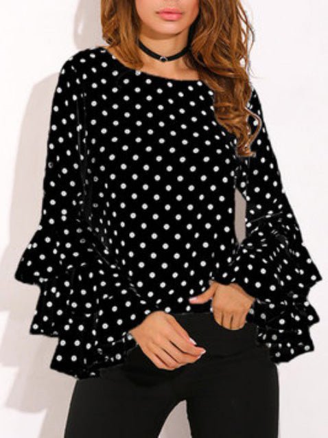 Women's Blouses Dot Print Flared Sleeve Chiffon Blouse