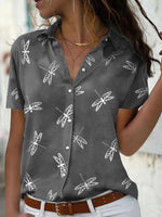 Women's Blouses Dragonfly Lapel Button Short Sleeve Blouse