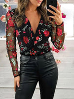 Women's Blouses Embroidered V-Neck Mesh Long Sleeve Blouse