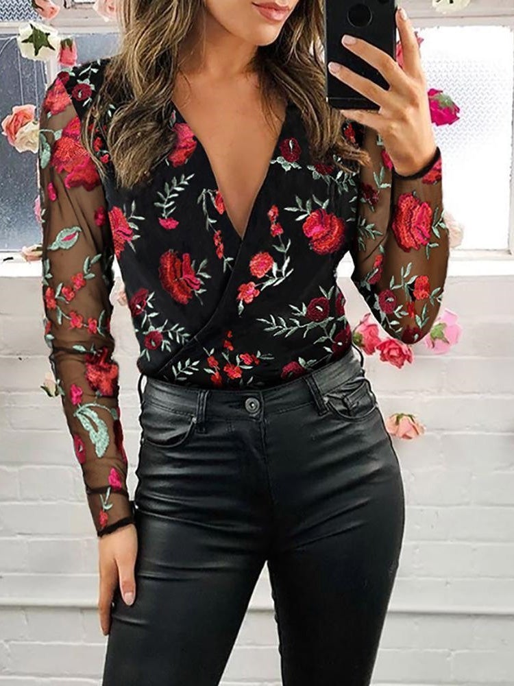 Women's Blouses Embroidered V-Neck Mesh Long Sleeve Blouse