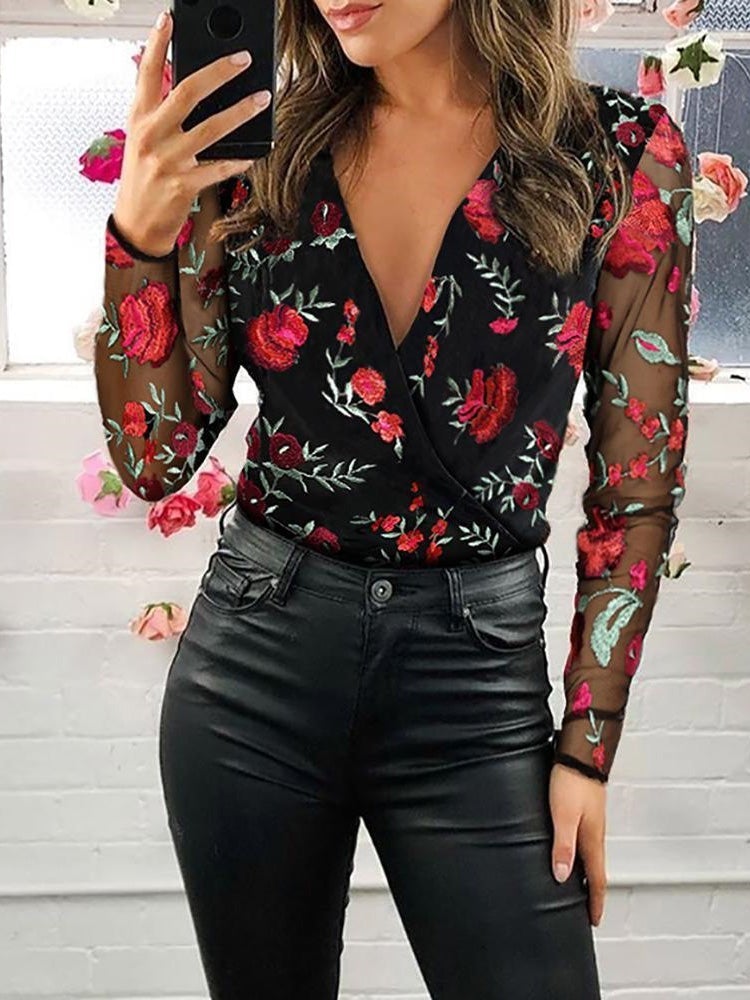 Women's Blouses Embroidered V-Neck Mesh Long Sleeve Blouse