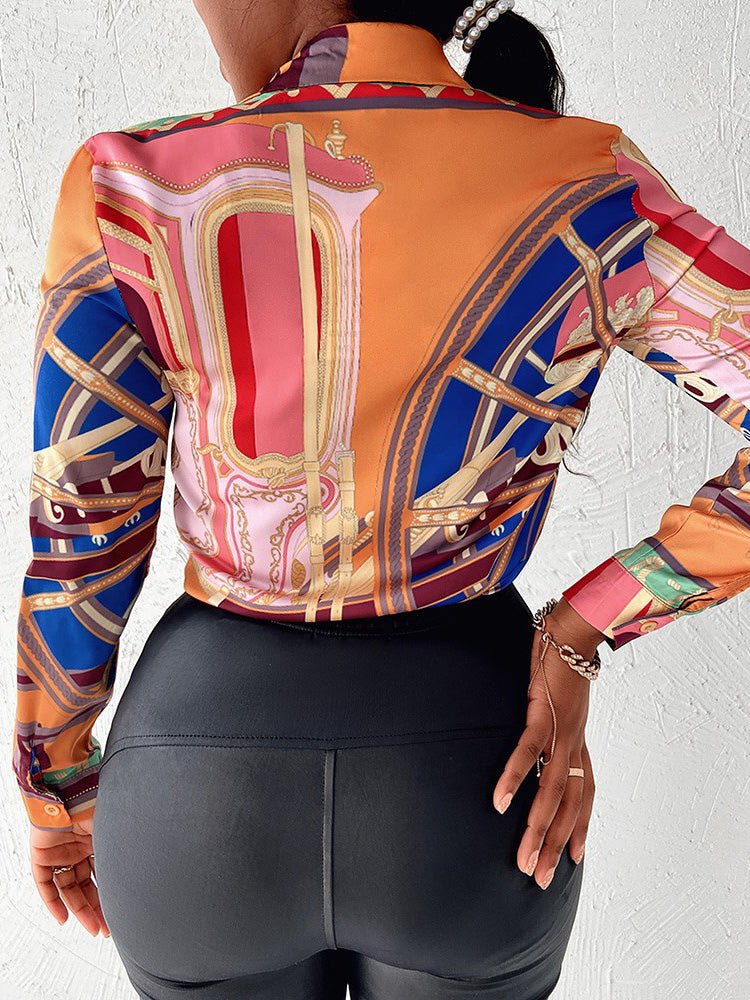 Women's Blouses Fashion Print Lapel Button Long Sleeve Blouse