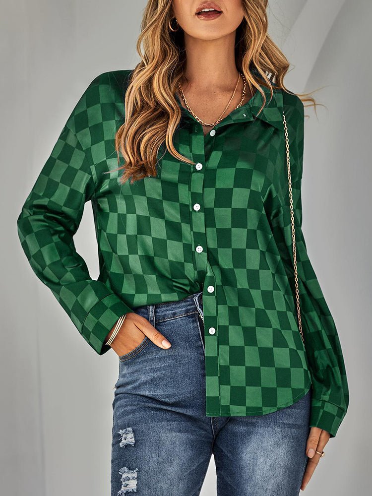 Women's  Blouses Fashion Slim Plaid Long Sleeve  Blouse