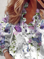 Women's Blouses Floral Print Ruffle V-Neck Long Sleeve Blouse