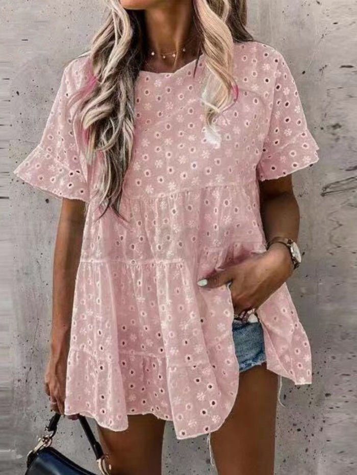 Women's Blouses Hollow Jacquard Crew Neck Short Sleeve Blouse