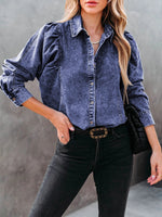 Women's Blouses Lapel Button Long Sleeve Denim Blouse