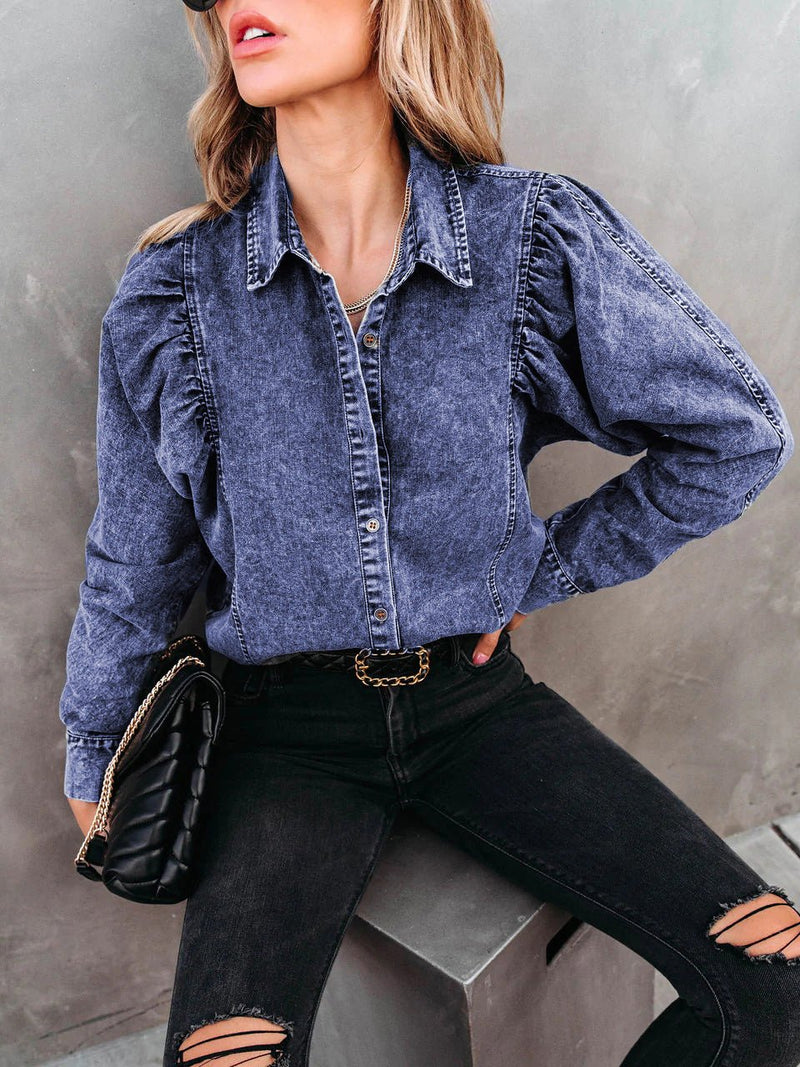 Women's Blouses Lapel Button Long Sleeve Denim Blouse