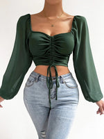 Women's Blouses Lapel Drawstring Crop Long Sleeve Blouse