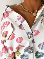 Women's Blouses Lip Print Lapel Button Blouse