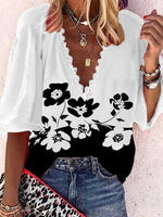 Women's Blouses Loose Printed Lace V-Neck Mid Sleeves Blouse