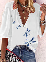 Women's Blouses Loose Printed Lace V-Neck Mid Sleeves Blouse