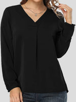 Women's Blouses Loose Solid V-Neck Long Sleeve Blouse