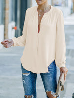 Women's Blouses Loose Solid V-Neck Long Sleeve Blouse