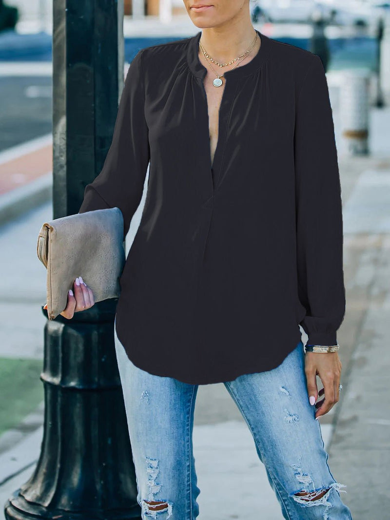 Women's Blouses Loose Solid V-Neck Long Sleeve Blouse