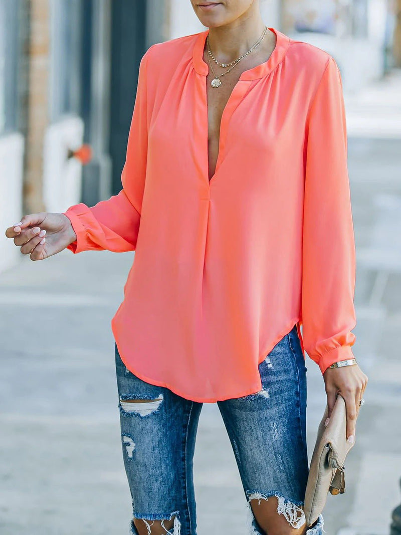 Women's Blouses Loose Solid V-Neck Long Sleeve Blouse