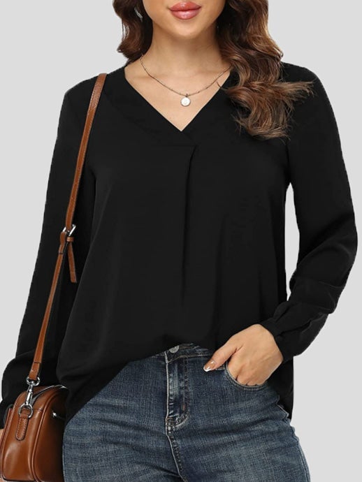 Women's Blouses Loose Solid V-Neck Long Sleeve Blouse