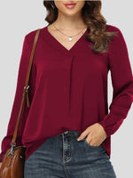 Women's Blouses Loose Solid V-Neck Long Sleeve Blouse