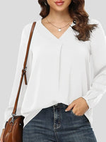 Women's Blouses Loose Solid V-Neck Long Sleeve Blouse