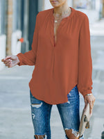 Women's Blouses Loose Solid V-Neck Long Sleeve Blouse