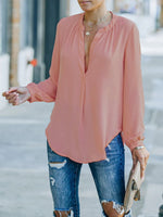 Women's Blouses Loose Solid V-Neck Long Sleeve Blouse