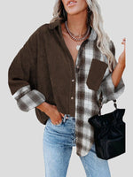 Women's Blouses Plaid Panel Pocket Long Sleeve Blouse