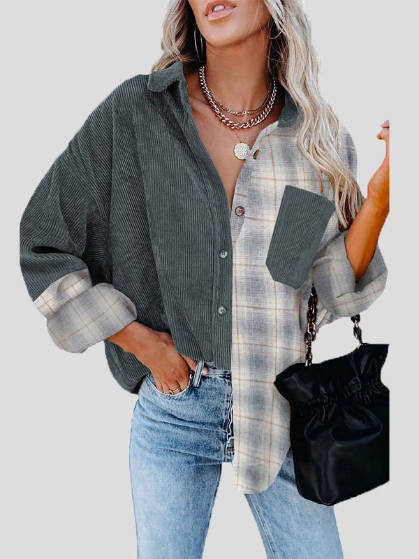 Women's Blouses Plaid Panel Pocket Long Sleeve Blouse