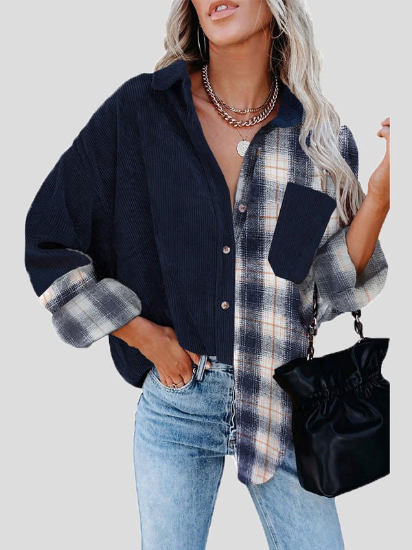 Women's Blouses Plaid Panel Pocket Long Sleeve Blouse