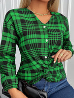 Women's Blouses Plaid V-Neck Buttons Knotted Long Sleeves Blouse
