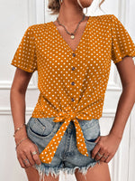 Women's Blouses Polka Dot V-Neck Belted Button Short Sleeve Blouse