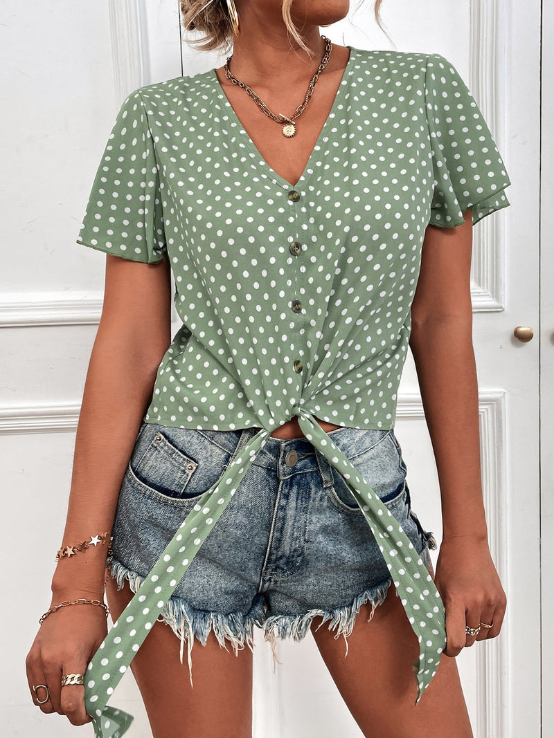 Women's Blouses Polka Dot V-Neck Belted Button Short Sleeve Blouse