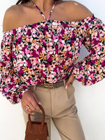 Women's Blouses Printed Halter Off Shoulder Long Sleeve Blouse