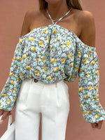 Women's Blouses Printed Halter Off Shoulder Long Sleeve Blouse