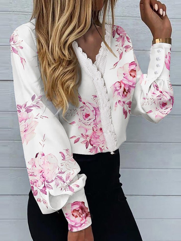 Women's Blouses Printed Lace Long Sleeve Blouse