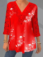 Women's Blouses Printed Lace V-Neck 3/4 Sleeves Blouse