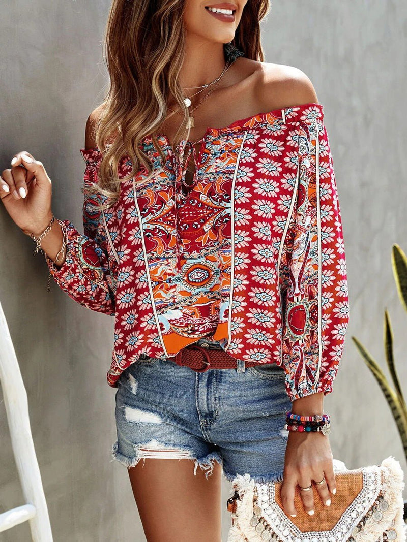 Women's Blouses Printed One-Shoulder Long Sleeve Blouse