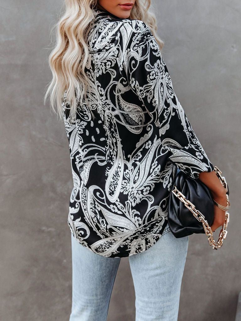 Women's Blouses Printed Stand Collar Button Long Sleeve Blouse