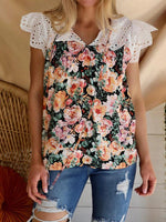 Women's Blouses Printed V-Neck Lace Panel Casual Blouse