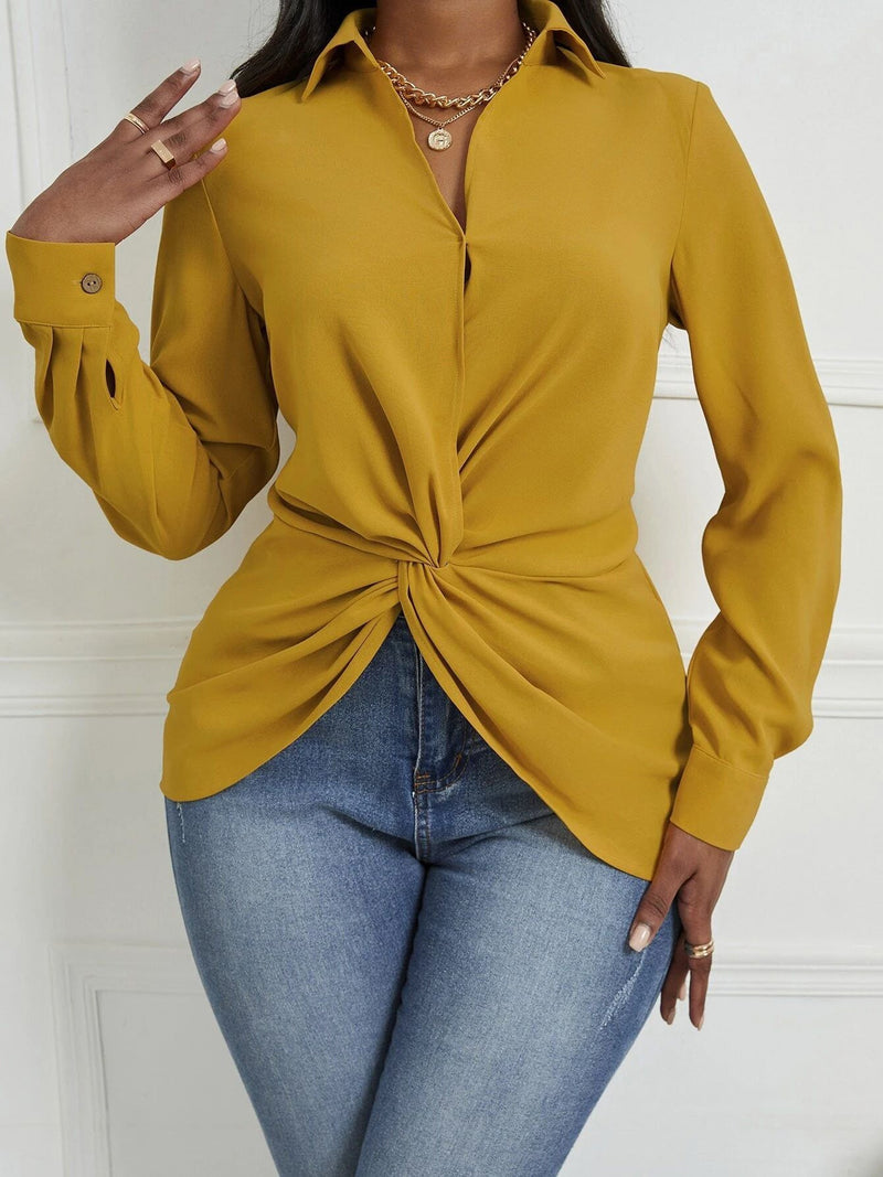 Women's Blouses Solid Lapel Knotted Long Sleeve Blouse