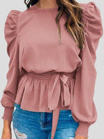 Women's Blouses Solid Tie Puff Long Sleeve Blouse