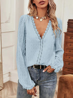 Women's Blouses Solid V-Neck Lace Long Sleeve Blouse