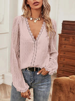 Women's Blouses Solid V-Neck Lace Long Sleeve Blouse