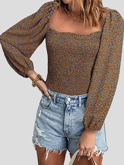 Women's Blouses Square Neck Long Sleeves Slim Blouse