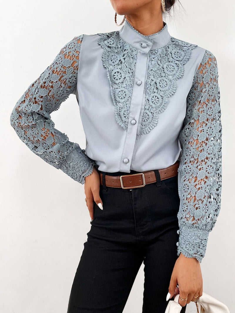 Women's Blouses Stand Collar Lace Cutout Long Sleeve Blouse