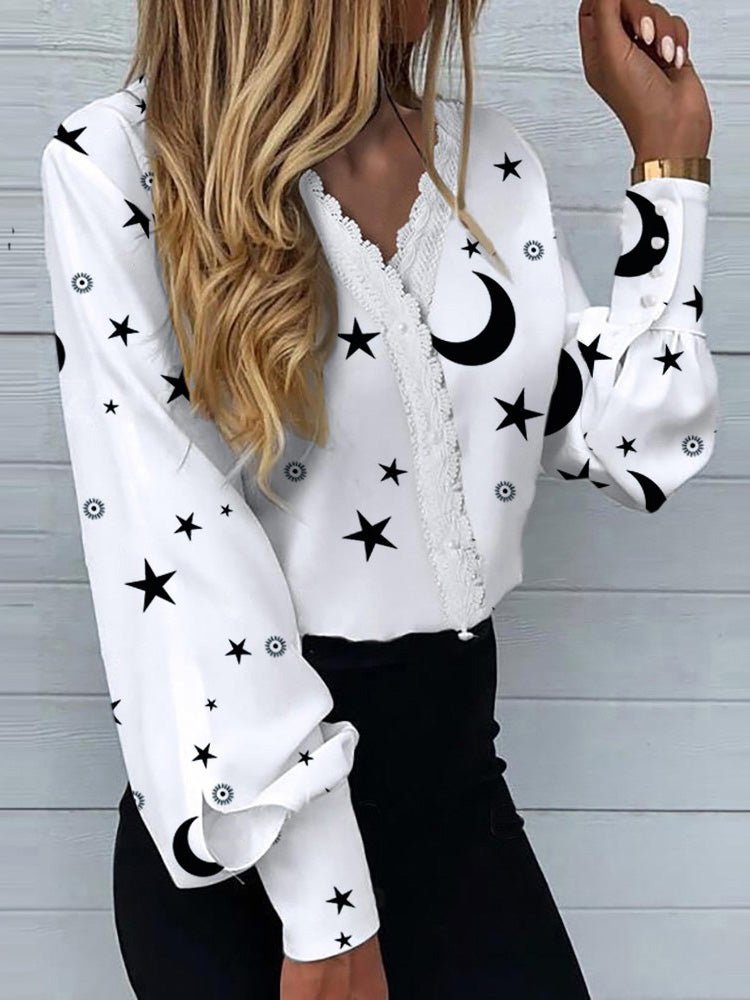 Women's Blouses Star Moon Print Lace Long Sleeve Blouse